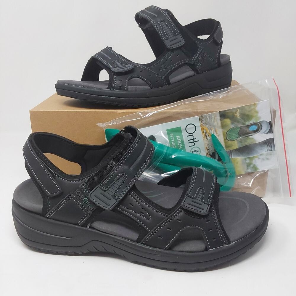 Orthofeet Men's Gemini 566 Black Leather Orthopedic Walking Sandals US 10 NWB
